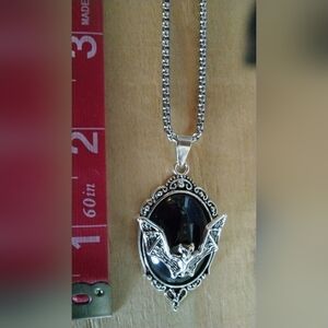 Gothic Silver Bat Pendant Necklace with Black Stone